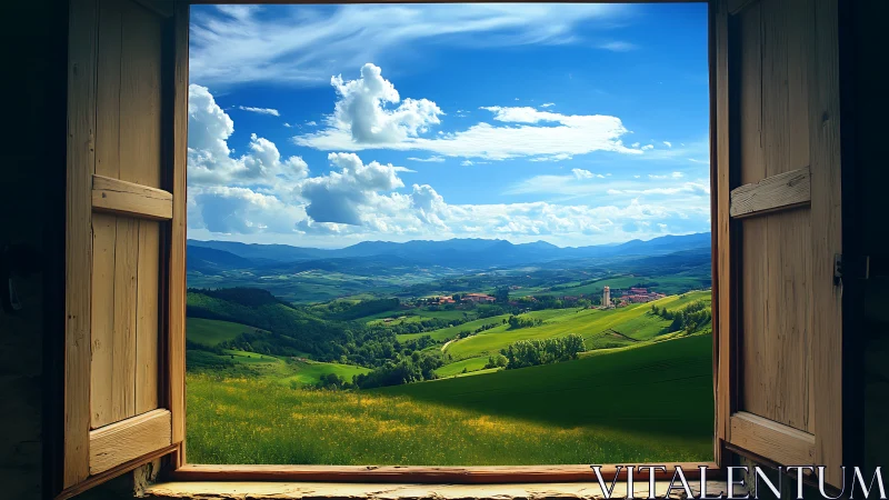 Wooden window frame overlooks cultivated hills and distant town