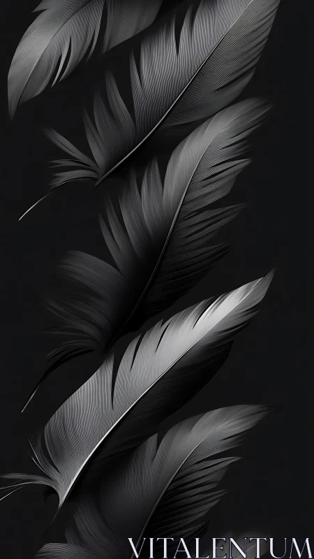 Sleek monochrome feathers drift in elegant dark minimalism