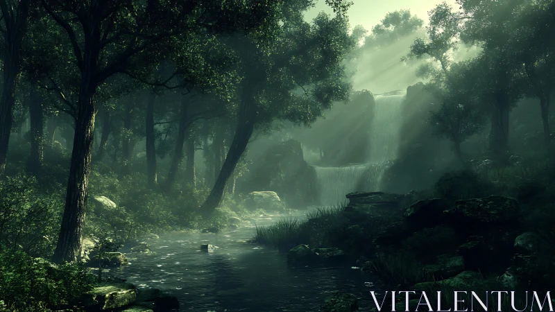 Enchanted Forest Waterfall with Mist and Ancient Trees.