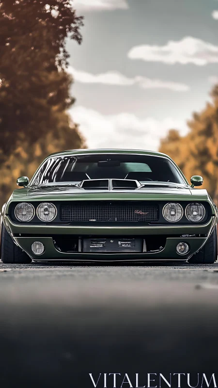 Classic green muscle car waiting on a quiet country road.