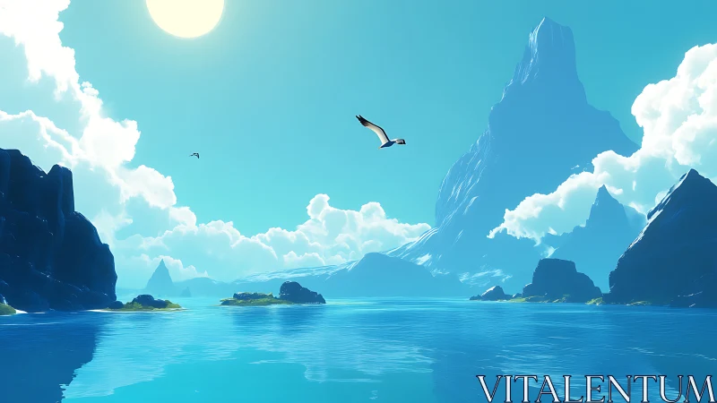 Soaring Bird Above Crystalline Fjord with Towering Monolithic Cliffs