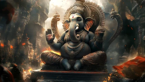 Elephant-headed deity amid fractalized temple inferno tableau.
