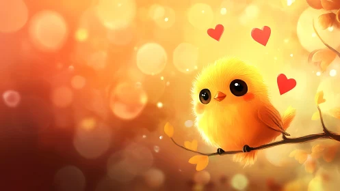 Cheerful Chick Perched on Branch Surrounded by Love Hearts