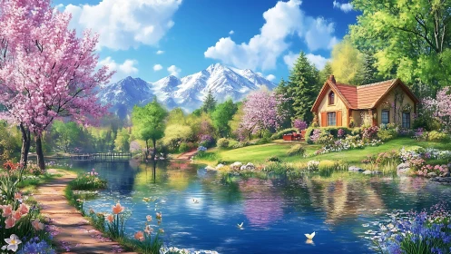 Lakeside cottage with flowering trees and distant snow peaks.