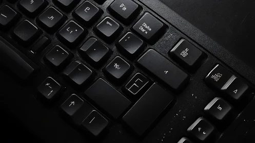Oblique close-up of worn black keyboard with subtle backlight.