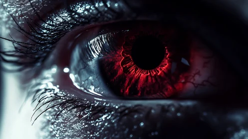 Macabre closeup red human eye with glowing iris detail.