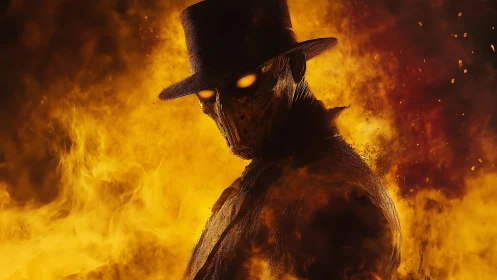 Masked humanoid figure in flames with glowing eyes and hat.