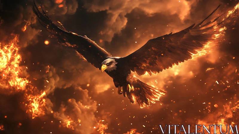 Majestic Bald Eagle Soaring Amid Fiery Flames in Dramatic Art.