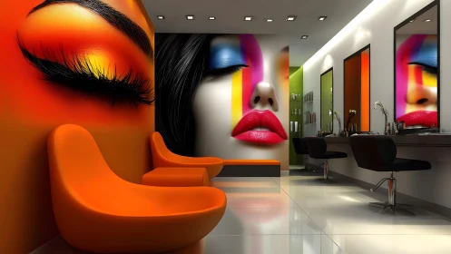 Vibrant Modern Beauty Salon with Bold Wall Art and Orange Accents.