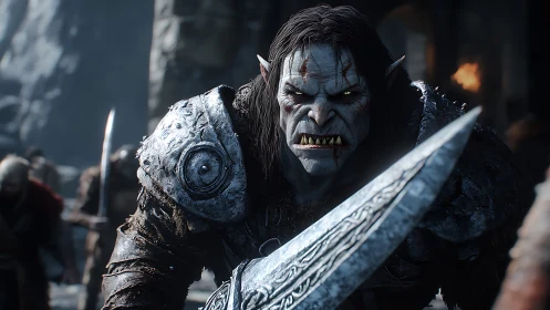 Armored orc warrior lunges forward with massive sword.