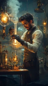 Scientist conducting experiment in vintage laboratory setting.