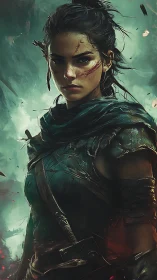 Scarred elven ranger stands in stormlit emerald haze.