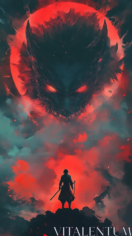 Lone warrior stands beneath a blazing red demon moon.