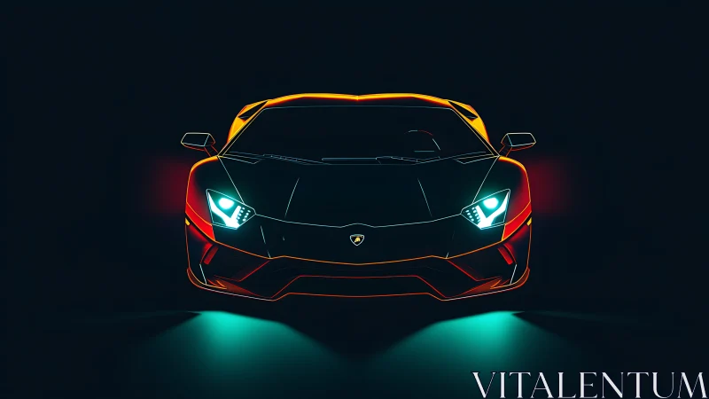 Neon outlined sports car front view on dark background.