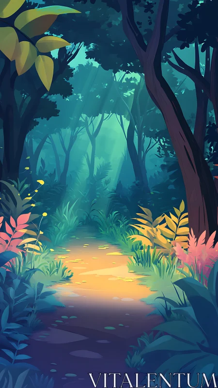 Mystical forest pathway with bioluminescent flora and mist