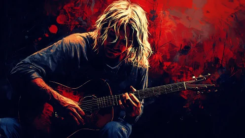 Solitary guitarist with acoustic instrument on red ground.