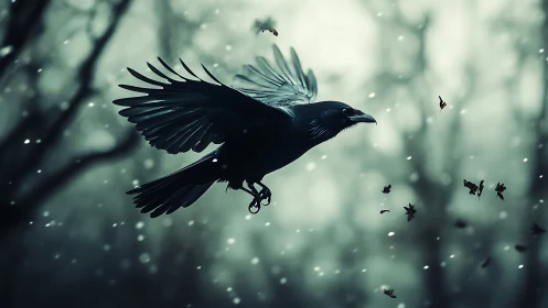 Solitary black crow in mid-flight over blurred winter forest.