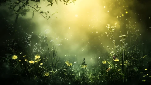 Enchanted wildflower meadow glows under dreamy golden light.