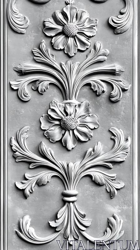 Ornate floral relief sculpture decorates vertical plaster panel