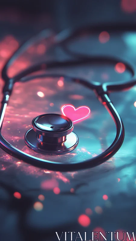 Stethoscope with Neon Heart Luminescence Medical Visualization.