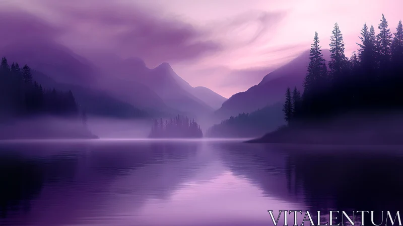 Violet mist shrouds alpine lake with mirrored pine silhouettes.