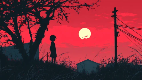 Silhouetted child stands under tree at red sunset sky