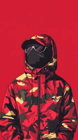 Camouflage hooded figure in bold red minimalist artwork.