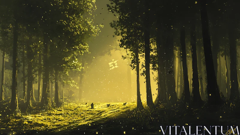 Forest pathway with golden light and particle effects through tall trees.