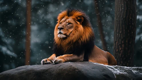 Male lion lies on snow-dusted rock in forest setting