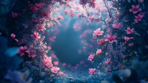 Pink magnolia blooms frame ethereal blue garden path with luminous bokeh depth.