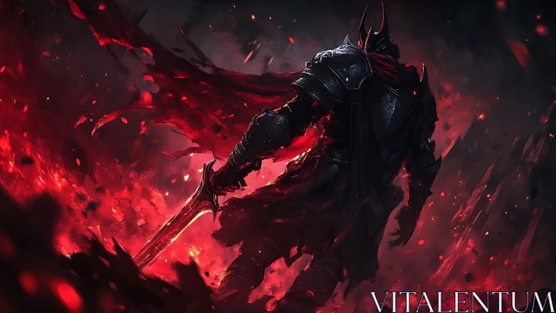 Armored figure stands in fiery, high-contrast environment