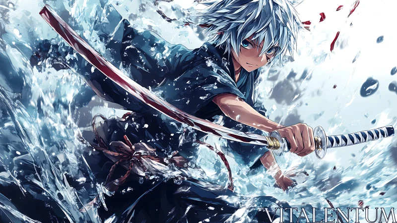 Storm-bright swordsman slices through crashing waves in focus