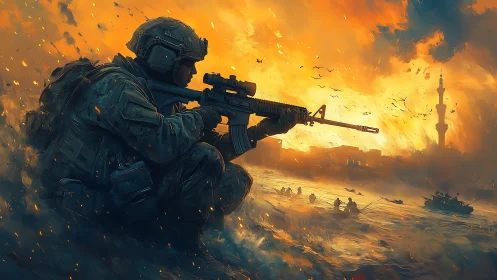 Digital painting of soldier in crouched profile amid firestorm.