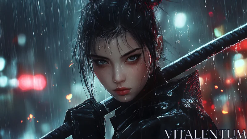 Neon rain katana vigilante in cinematic cyberpunk alleyway.