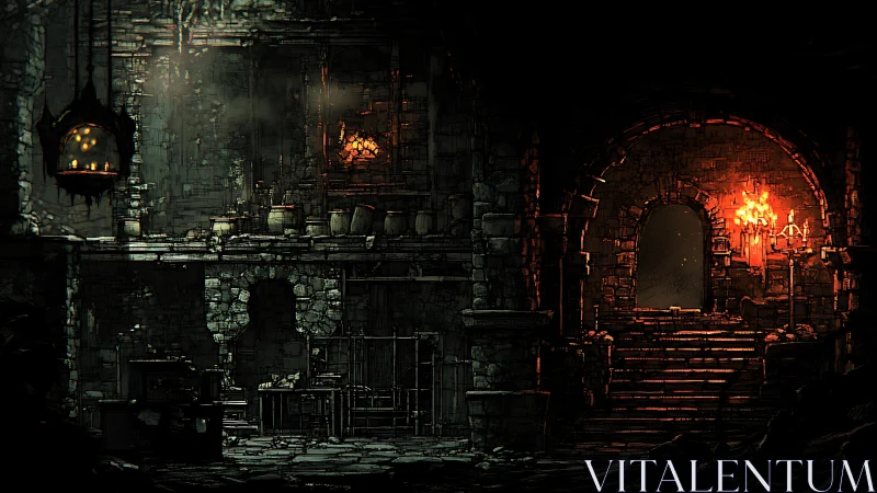 Gothic Subterranean Chamber with Luminous Artifact.