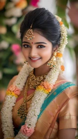 Smiling bride in traditional silk saree and jasmine garland