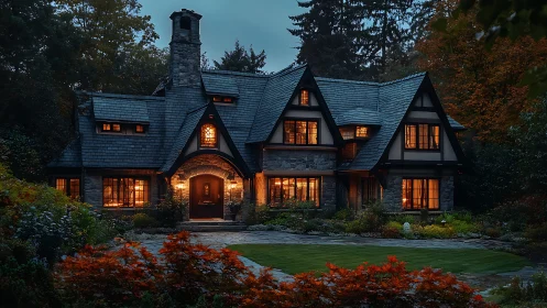 Storybook cottage glows warmly in a tranquil twilight garden