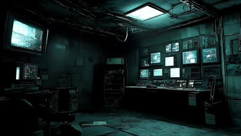 Abandoned control room glows with eerie cyan surveillance screens