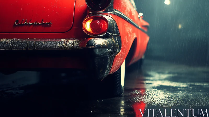 Rear quarter view shows wet red classic car in rainfall