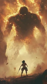 Lone warrior confronts towering fire demon in a ruined city