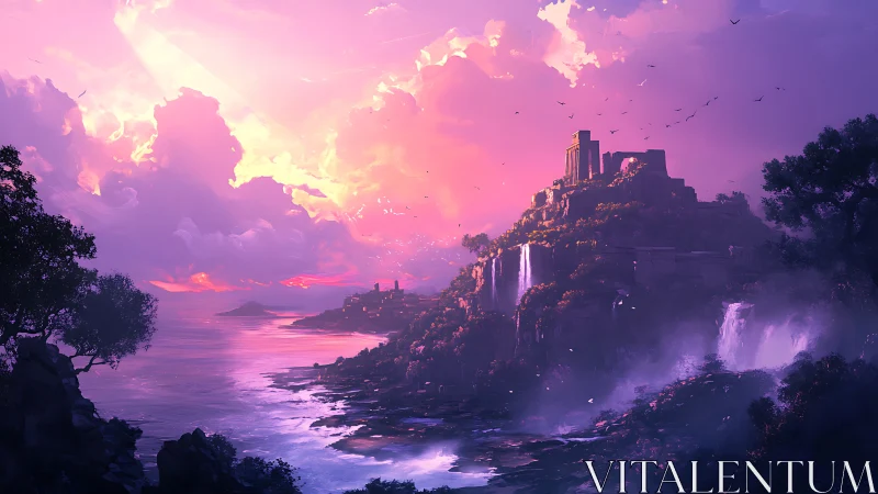 Twilight Cascade: Mystical Realm of Golden Spires and Waterfalls.