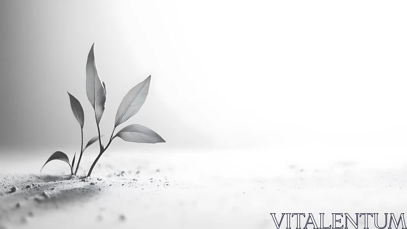 Single young plant with leaves growing in bright white space.