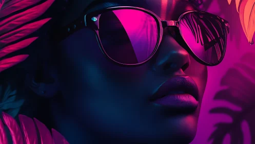 Neon lit portrait with reflective sunglasses and leaves.