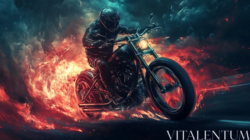 Motorcyclist rides through stylized fire against dark clouds