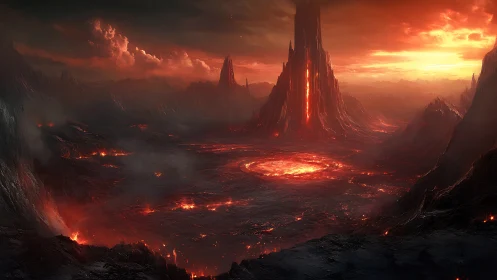 Molten citadel rising above a vast infernal wasteland.
