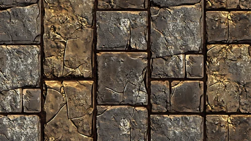 Medieval stone wall texture with cracked weathered blocks.