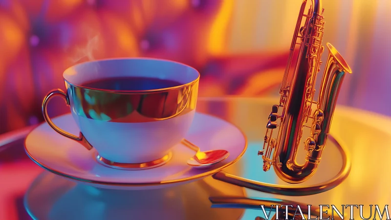 Chromatic café still life with steaming cup and saxophone.