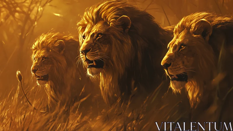 Three male lions standing in savanna grassland during golden hour.