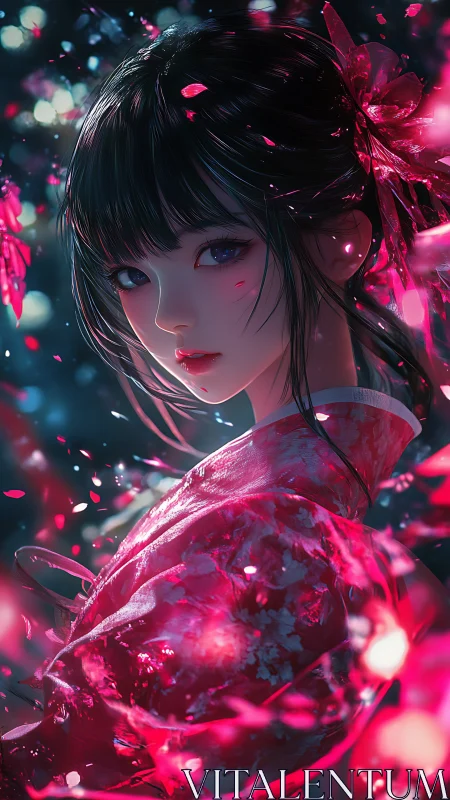Neon-lit anime portrait isolates kimono girl in drifting petals