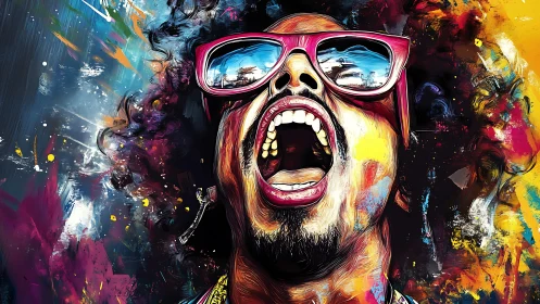 Colorful pop art portrait of man shouting in sunglasses.